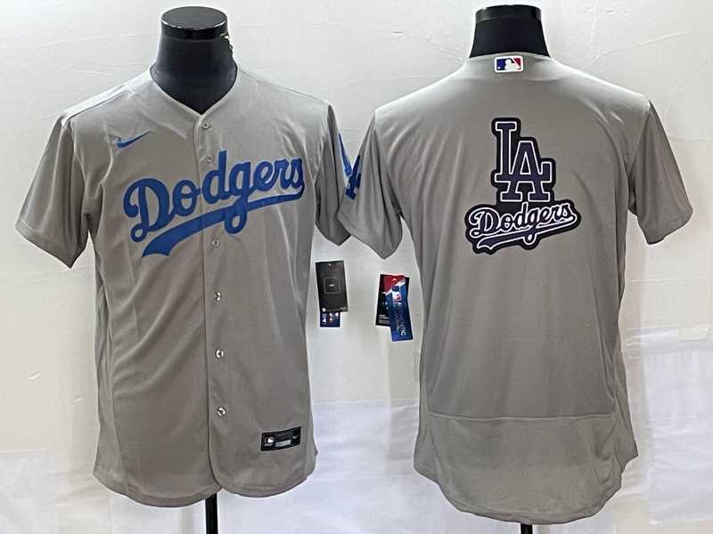 Men%27s Los Angeles Dodgers Gray Team Big Logo Flex Base Stitched Baseball Jerseys